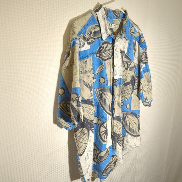 Basix Fenn Wright Manson Shirt L Linen Blend Blue Leaf Print VTG Hong Kong - Picture 2 of 6